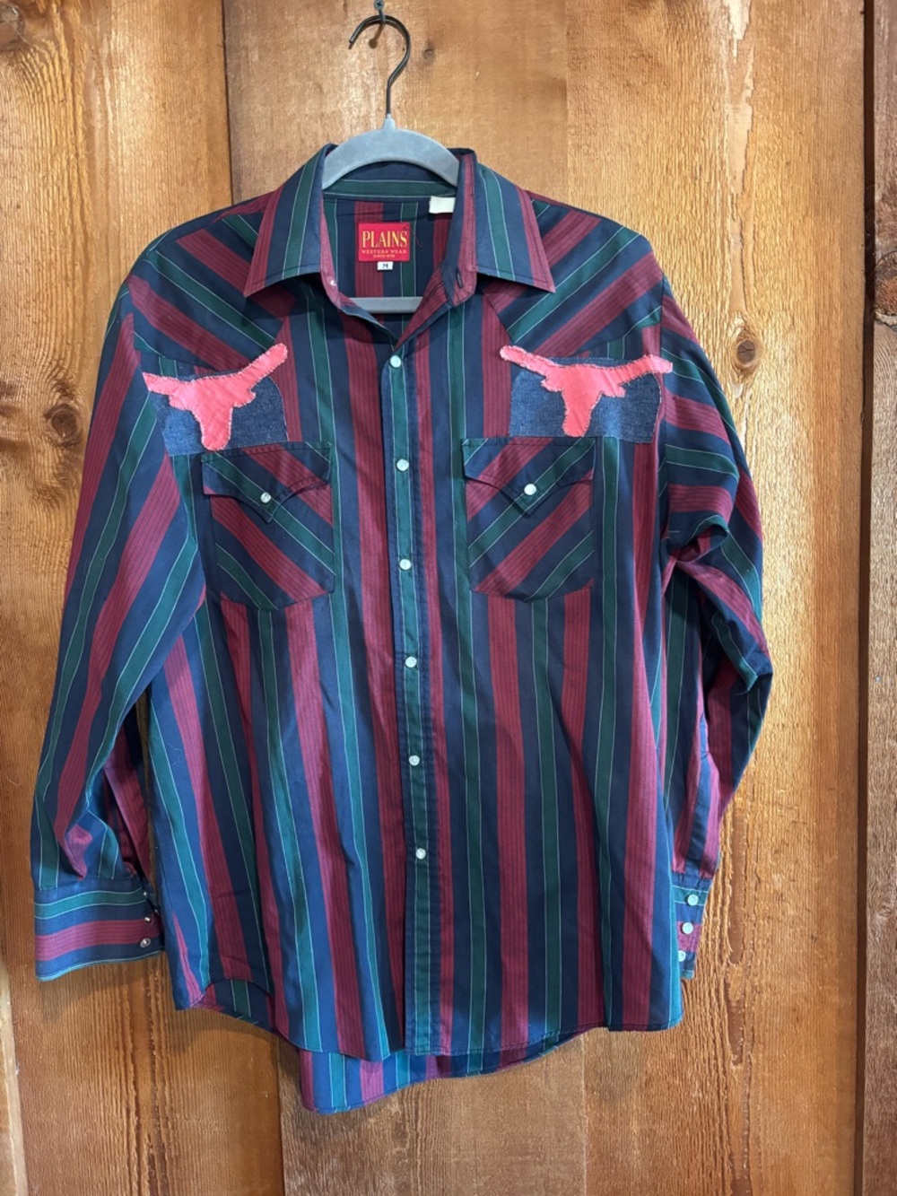 Vintage Plains Western Wear Pearl Snap Shirt Stripe Longhorn Applique Medium